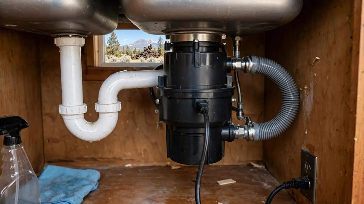 Garbage disposal repair in Bend, OR: disposal unit installed under a kitchen sink with dishwasher hose